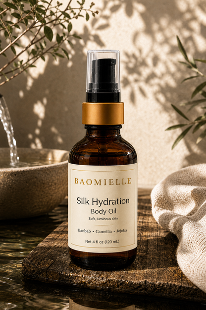 Baomielle Silk Hydration Body Oil in an editorial spa-inspired setting with warm sunlight, botanical shadows, and neutral luxury tones.