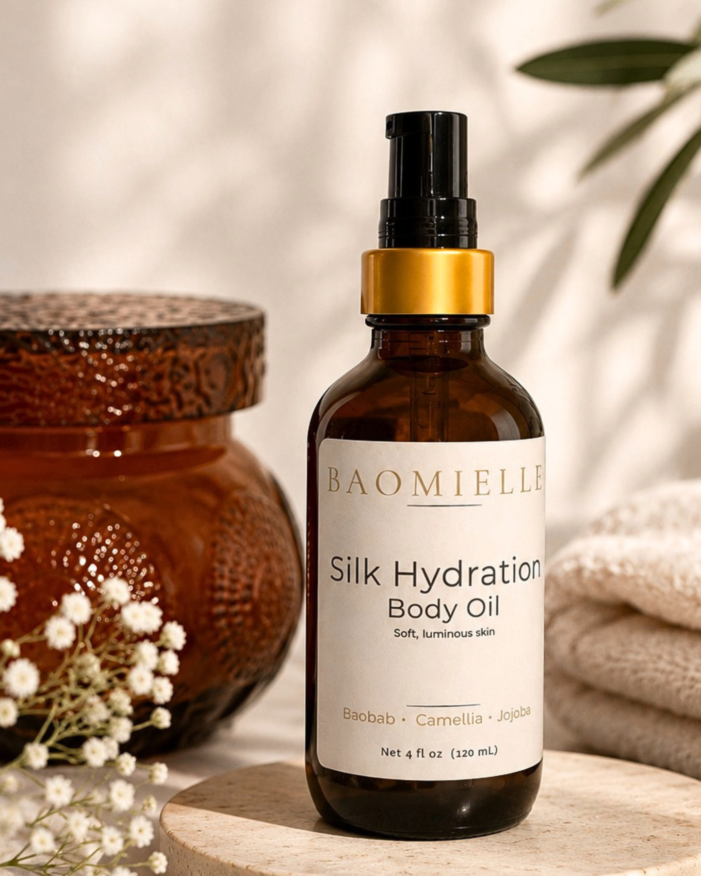 Amber glass bottle of Baomielle Silk Hydration Body Oil styled with soft neutral textures and warm editorial lighting.
