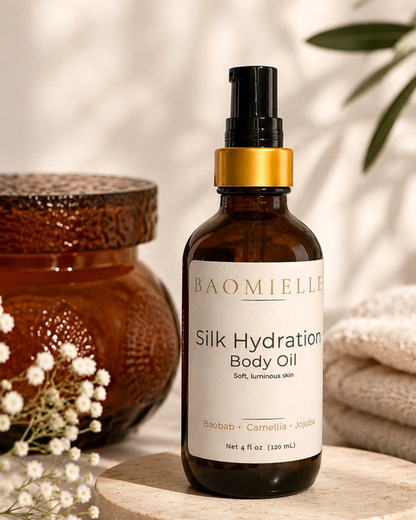 Amber glass bottle of Baomielle Silk Hydration Body Oil styled with soft neutral textures and warm editorial lighting.